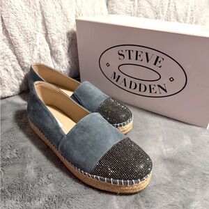 Suede & sparkles shoe boasts an espadrille platform sole with rounded toe.